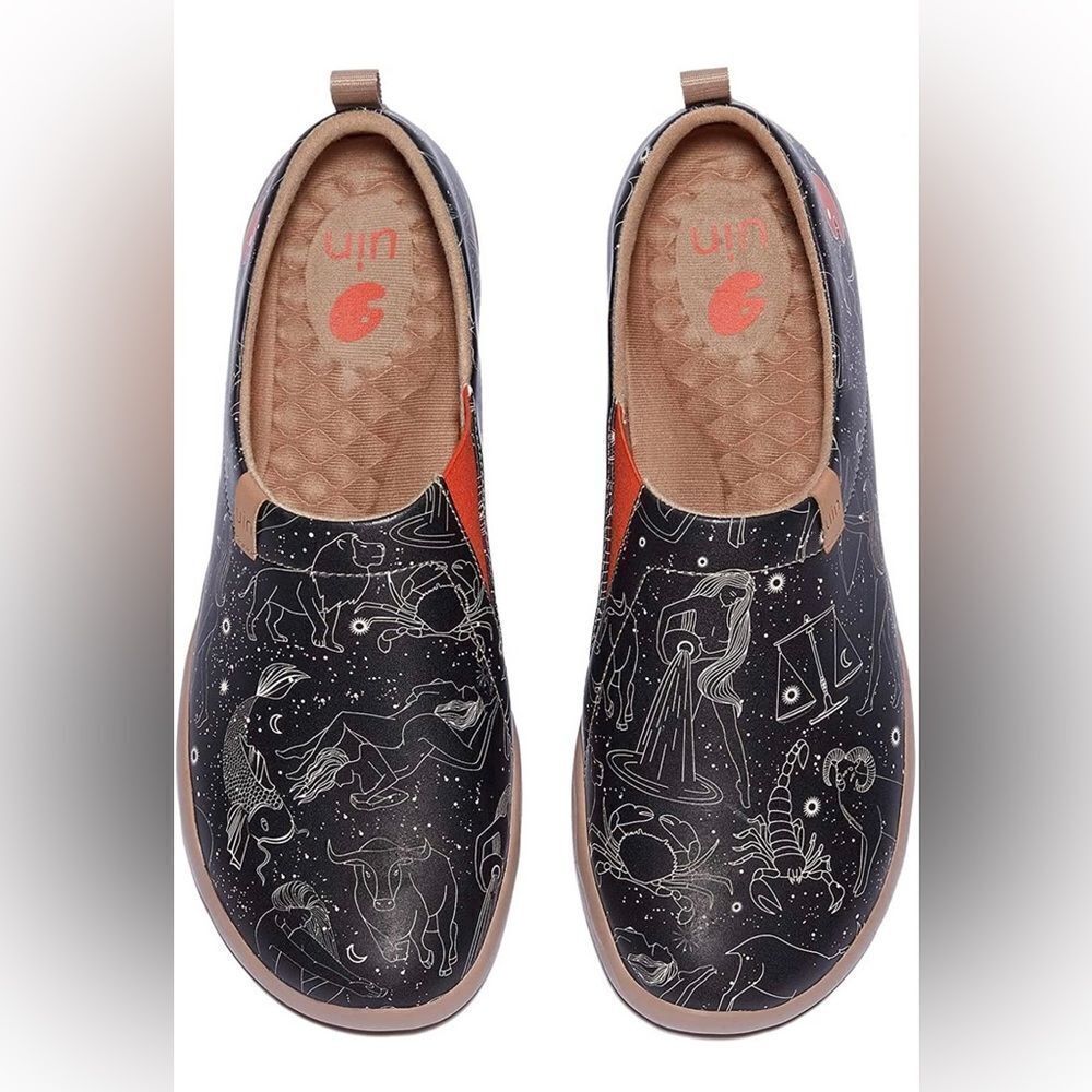 UIN Black Zodiac Constellation Slip-On Loafers with Tan Accents